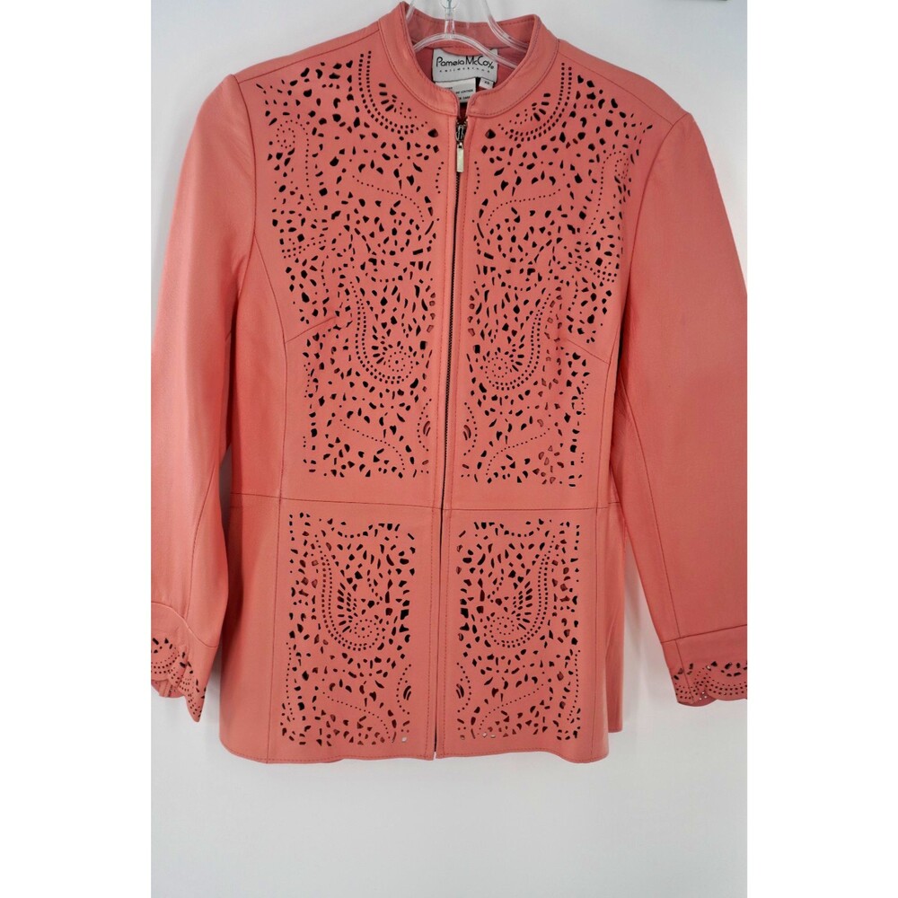 Pamela McCoy Pink Leather Jacket Laser Cut Paisley Design Y2K Boho Chic Size XS